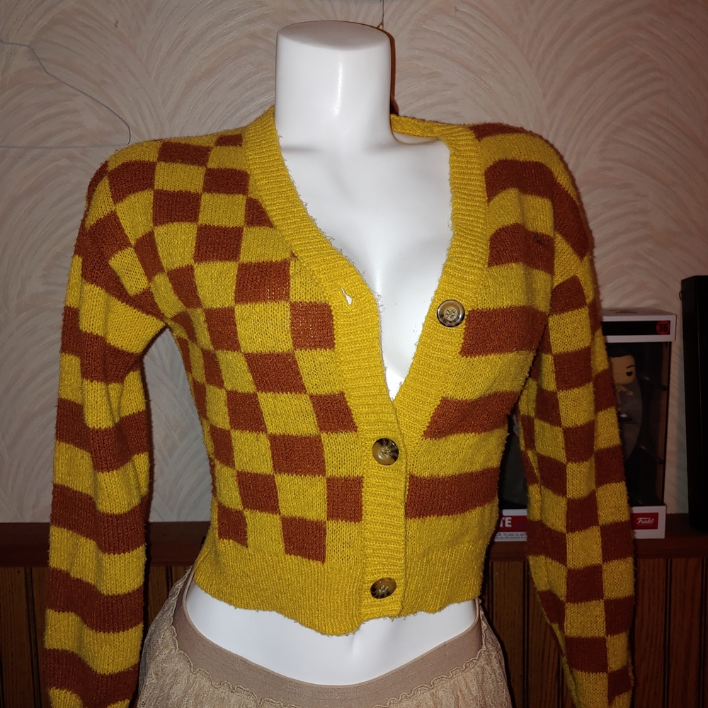 Almost Famous Yellow and Brown Checkered Cardigan